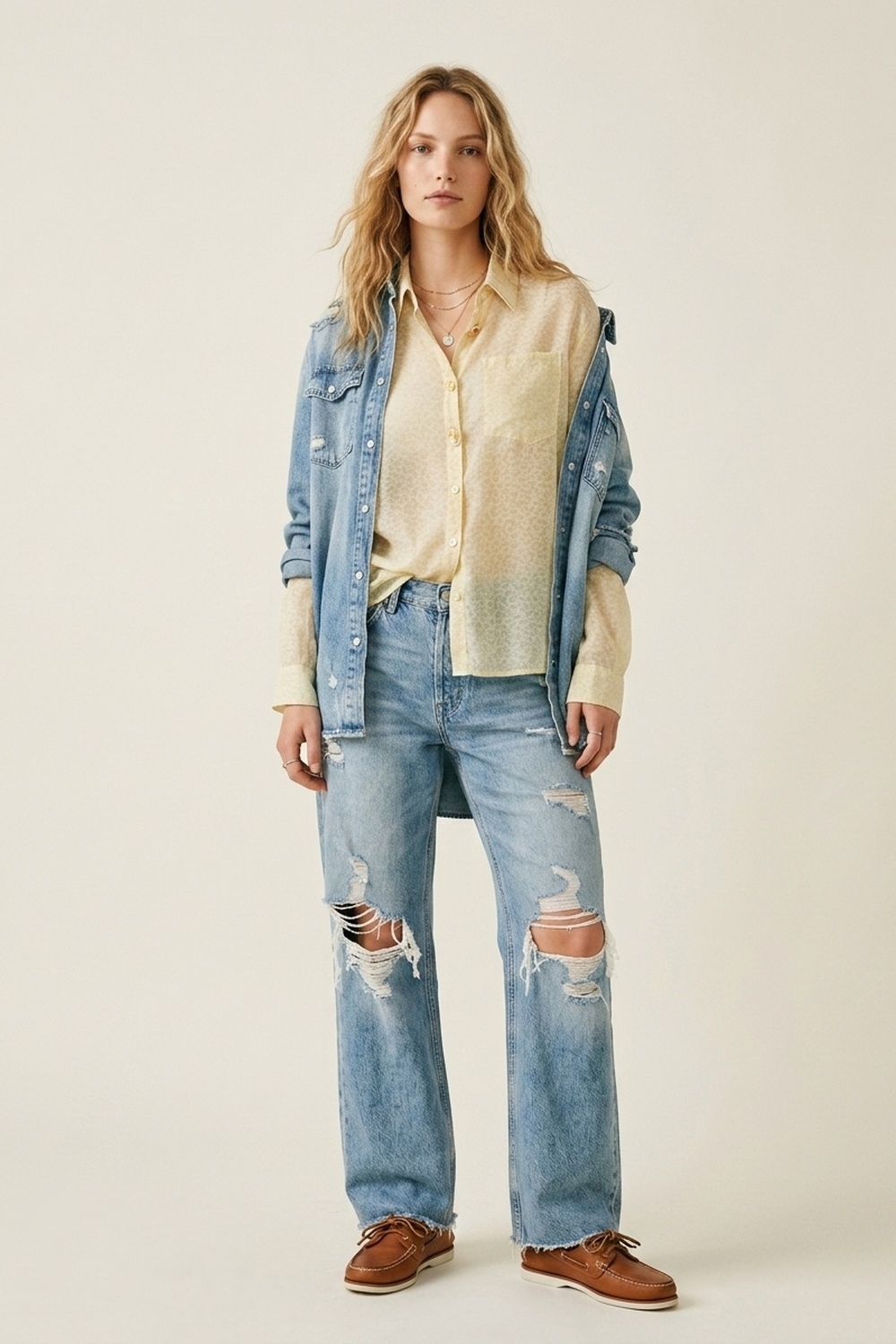 Blusa de transparencias con botones en amarillo claro y sutil estampado