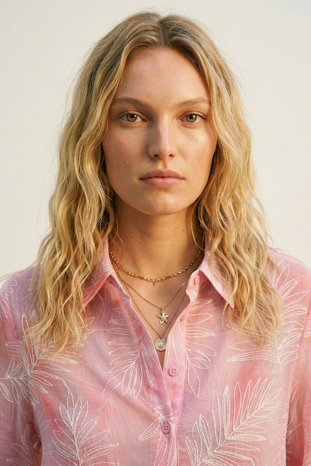 Camisa abotonada con estampado de hojas rosa y tela transl&uacute;cida