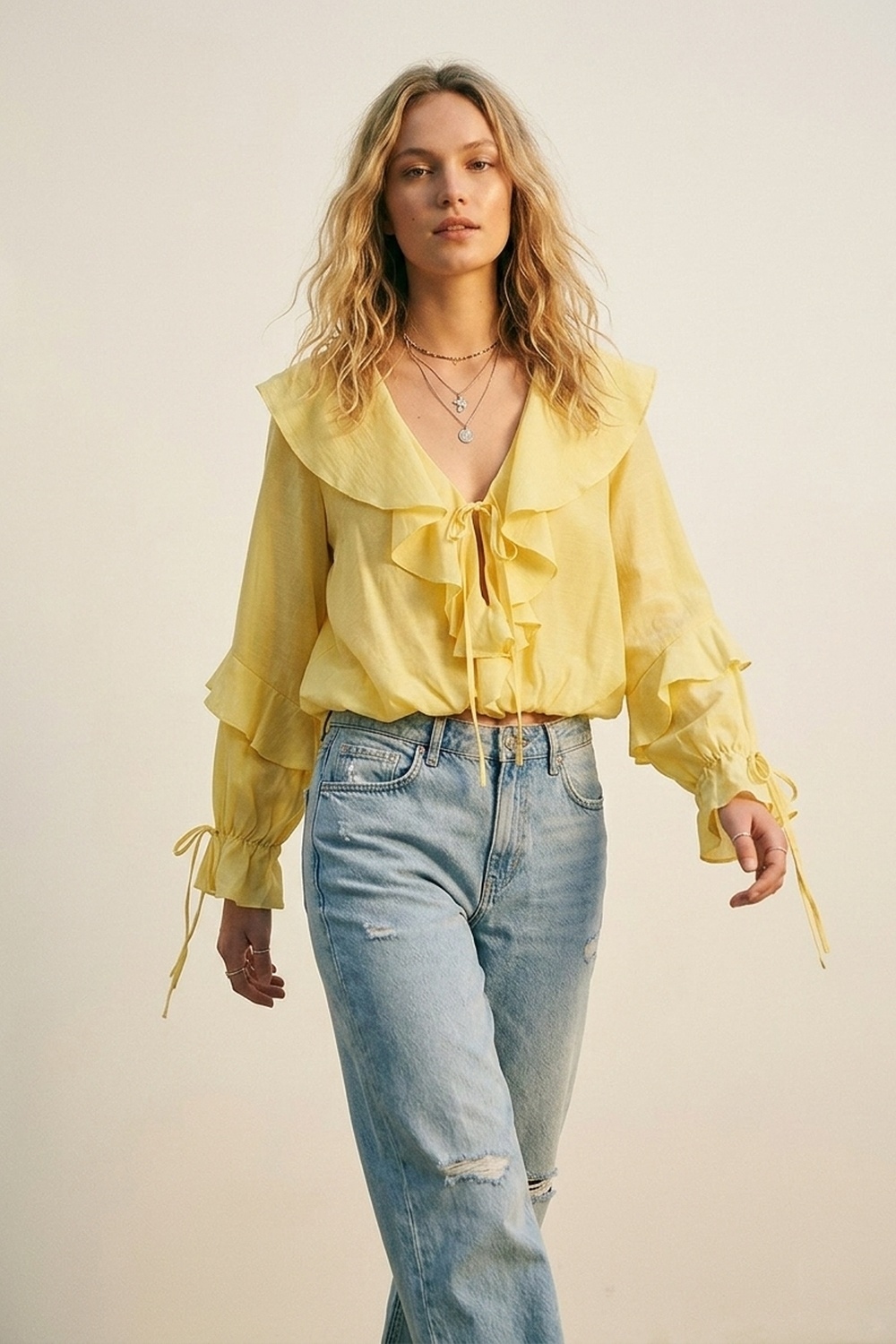 Blusa Amarilla de Manga Larga con Volantes y Lazo en el Frente Blusa Amarilla de Manga Larga con Volantes y Lazo en el Frente