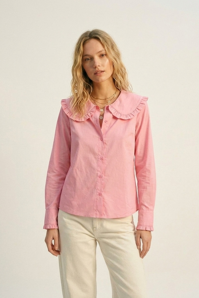 Pink Cotton Poplin Ruffle Prairie Collar Long Sleeve Shirt