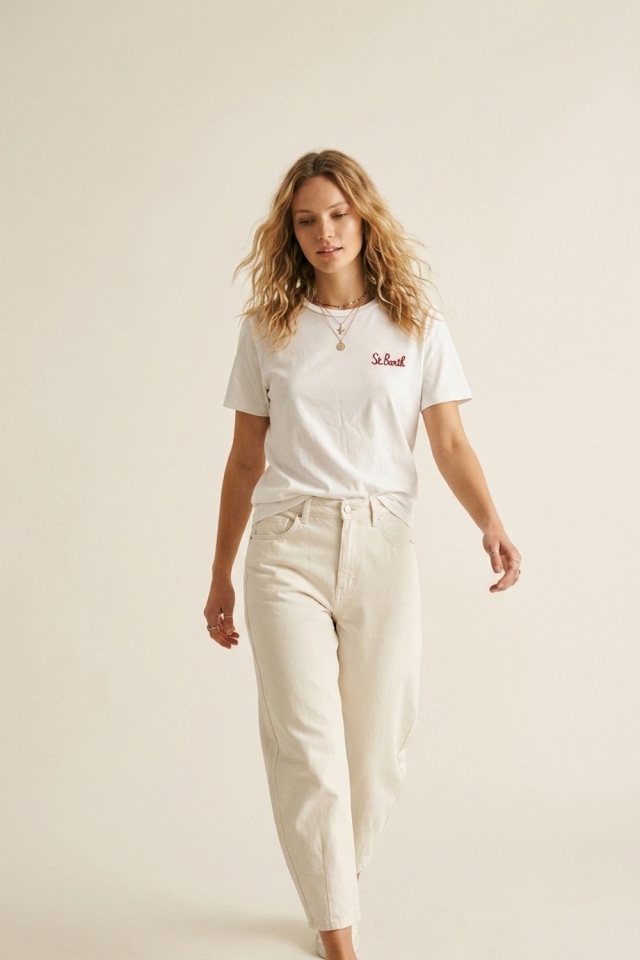 White Cotton Embroidered Chest Regular Fit Crew Neck T-Shirt
