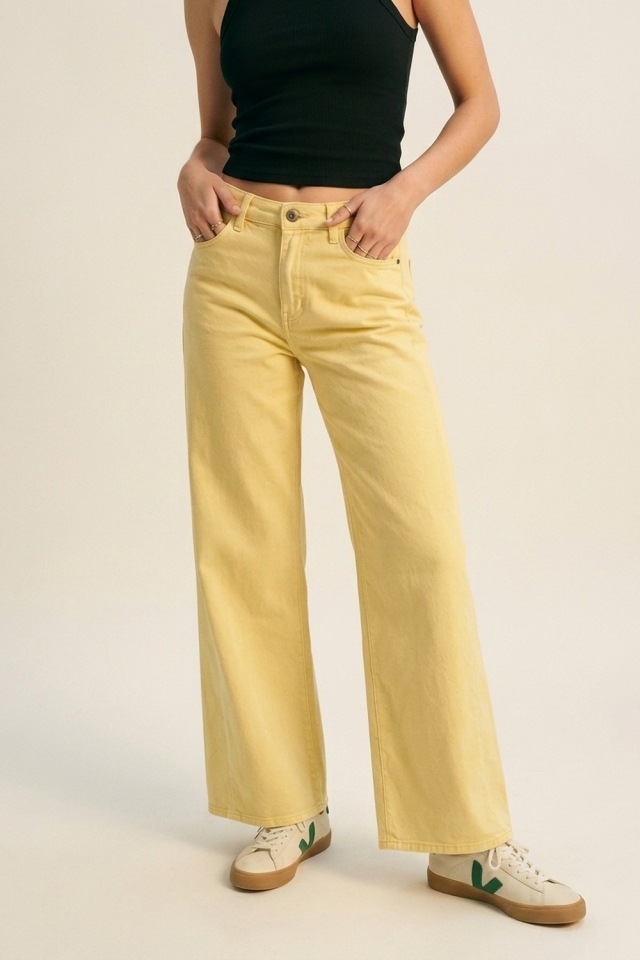 Pantalones Anchos de Algod&oacute;n Amarillos con Corte Cl&aacute;sico
