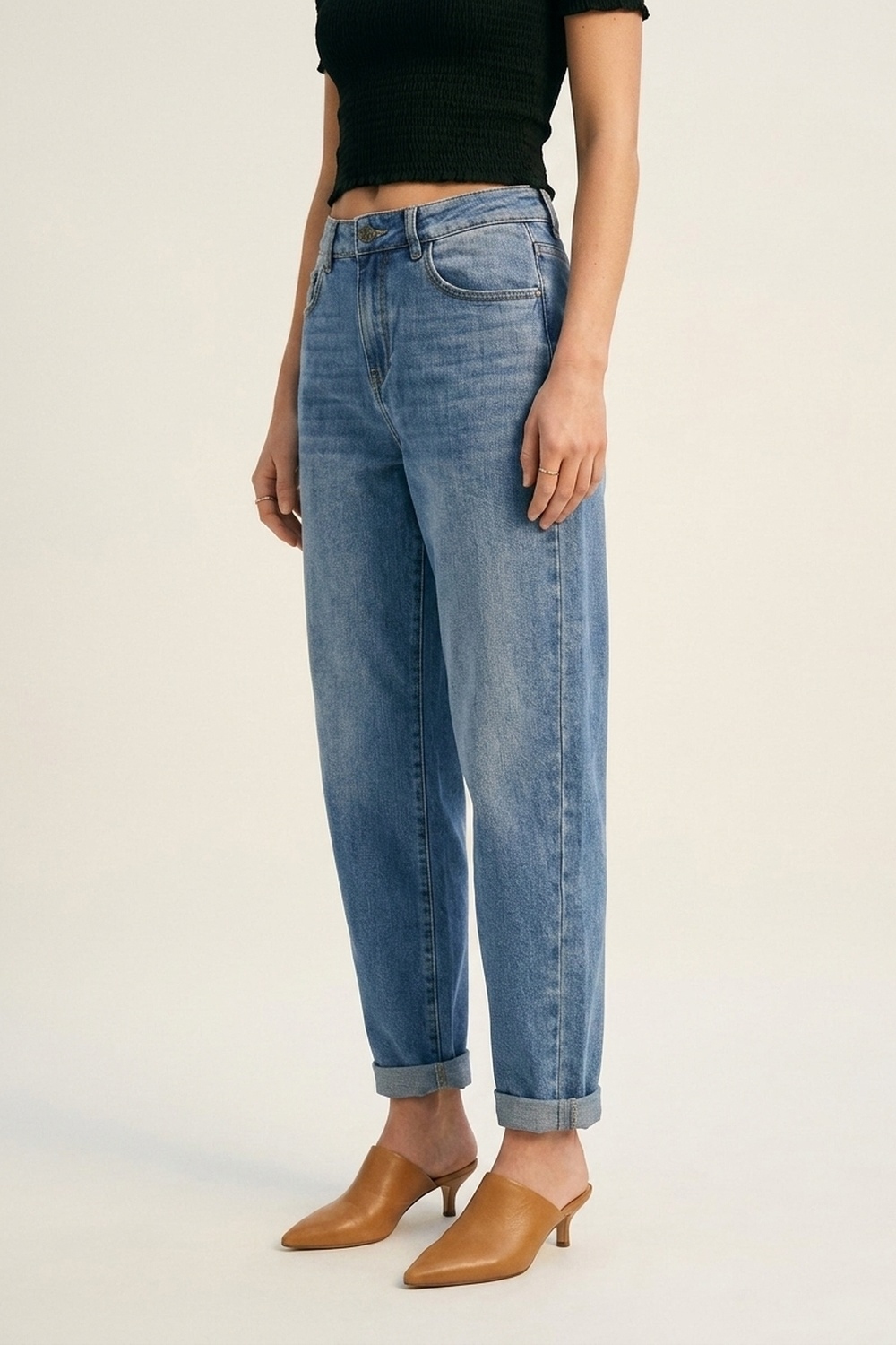 Jeans Globos Holgados de Tiro Alto en Denim Lavado Claro