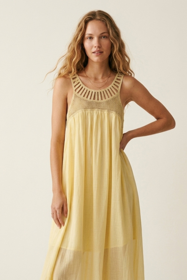 Yellow Crochet Yoke Maxi Dress with Flowing Skirt