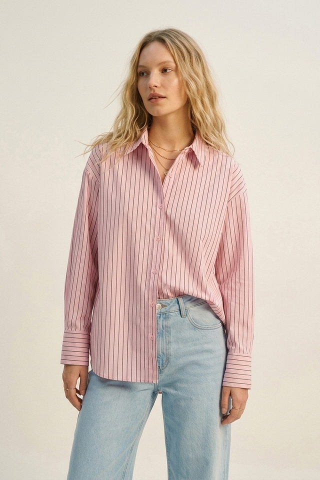Stripe Lightweight long Shirt in Light Pink