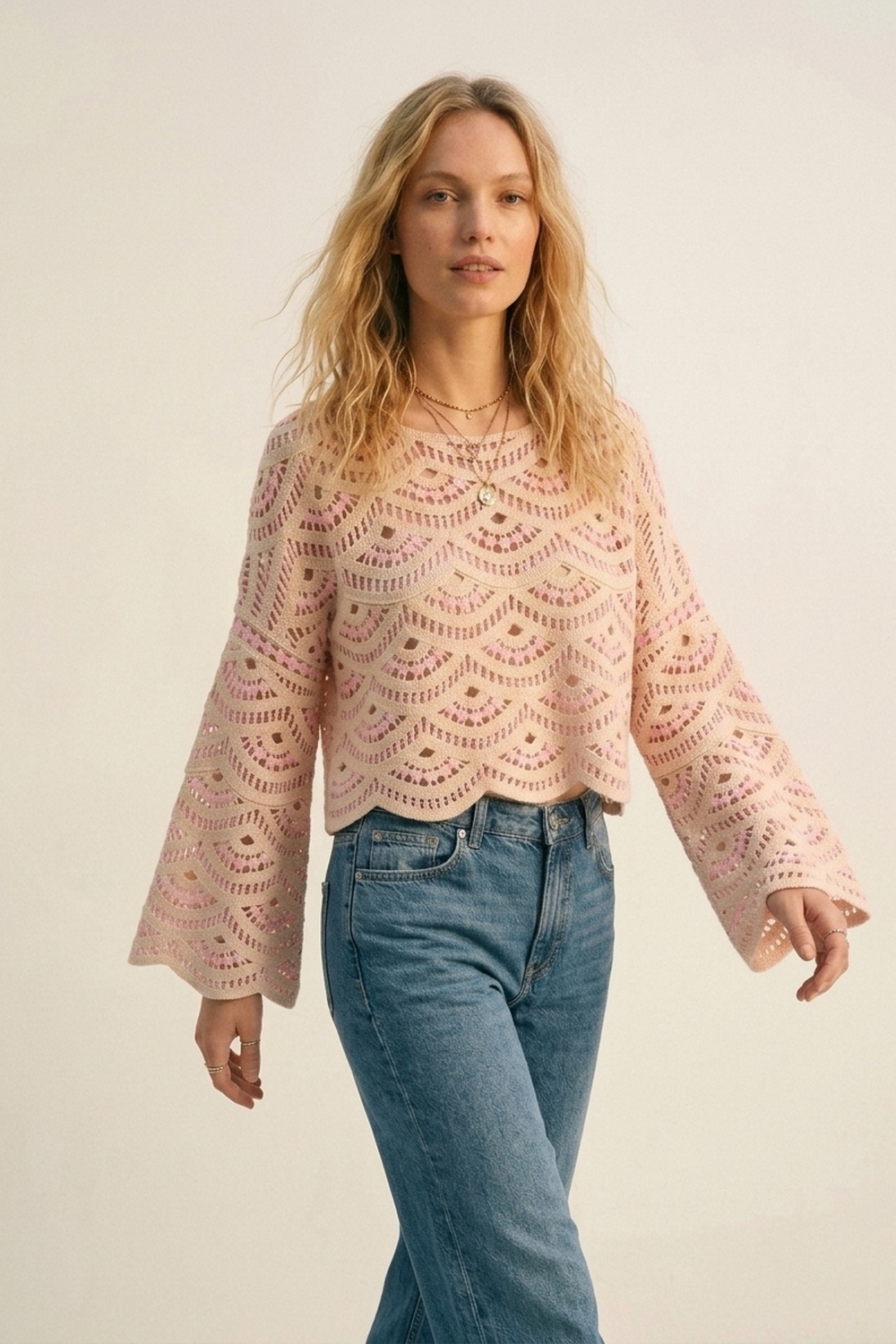 Beige Rosa Crochet Geo Pattern Scallop Hem Wide Sleeve Top