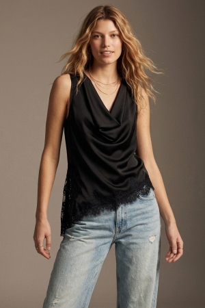 Blusa sin mangas con dobladillo asimétrico y encaje de satén negro