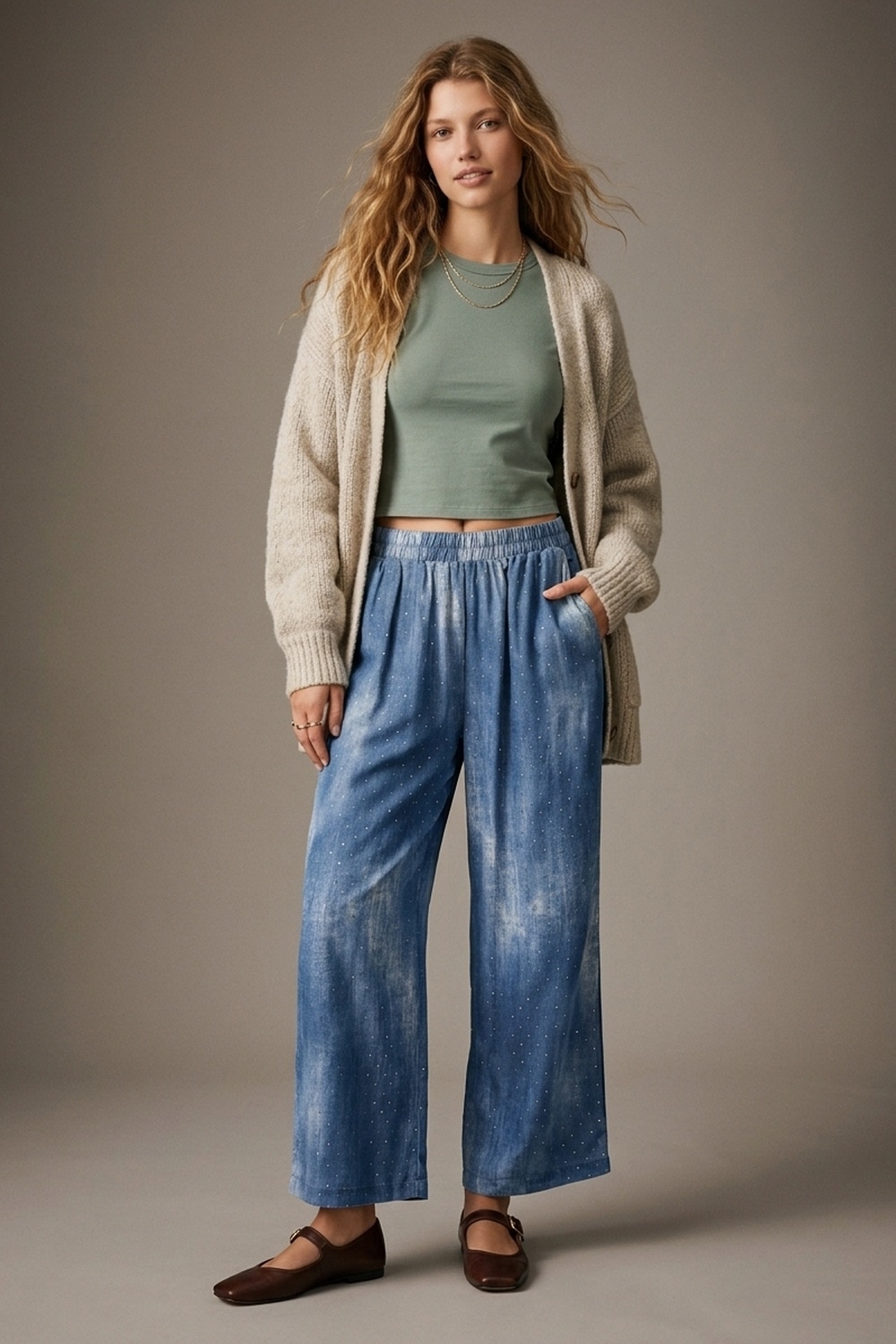 Pantalones de gasa azul tie-dye con cintura el&aacute;stica y strass adornados