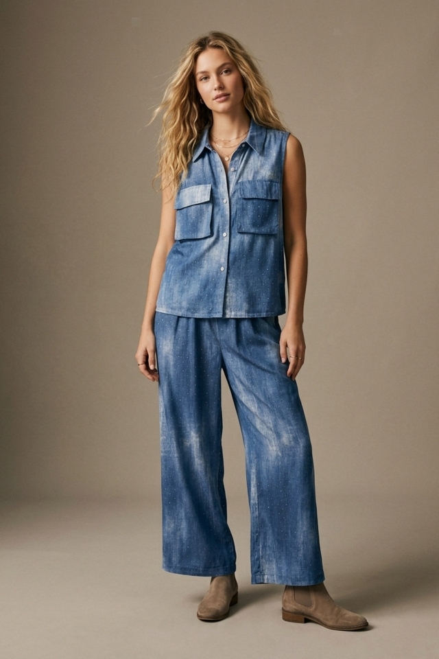 Chaleco camisero sin mangas de mezclilla azul lavado &aacute;cido r&iacute;gido sin elasticidad con tachuelas.