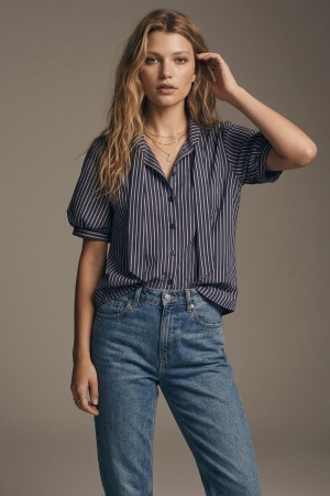 Camisa de Lazo con Rayas en Azul Marino y Manga Corta en Popelina
