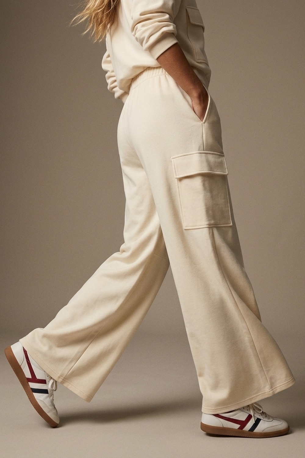 Pantalones anchos de pierna con bolsillos cargo y cintura el&aacute;stica en viscosa color crema