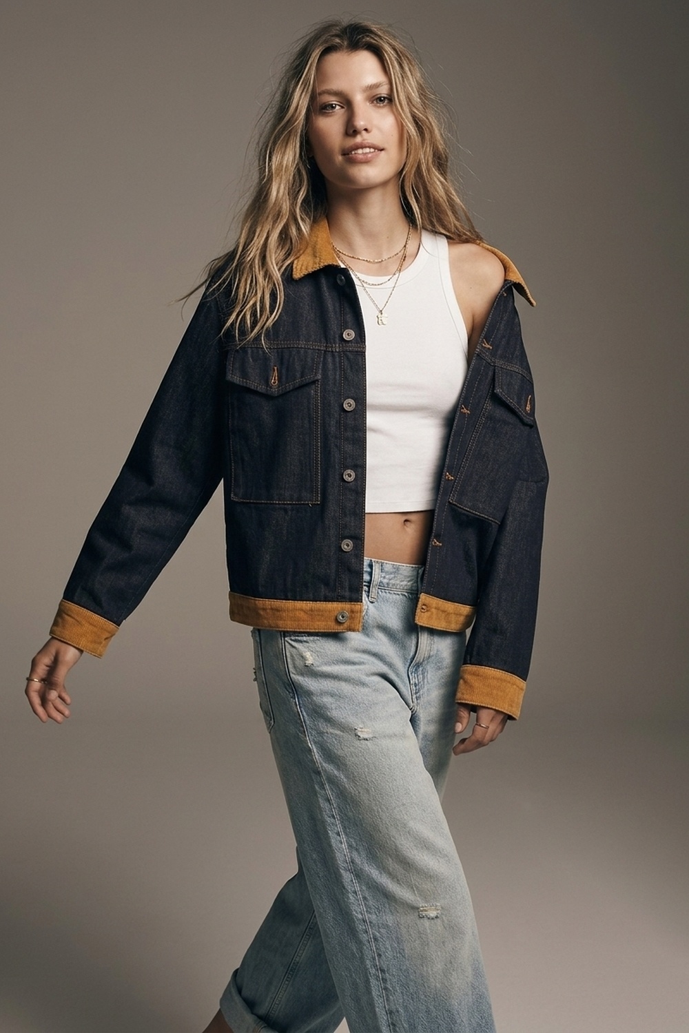 Chaqueta Azul Denim de Ajuste Relajado con Cuello de Pana y Botones al Frente