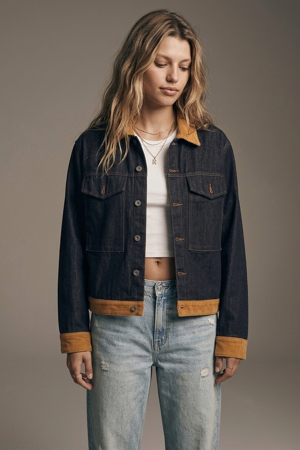 Chaqueta Azul Denim de Ajuste Relajado con Cuello de Pana y Botones al Frente