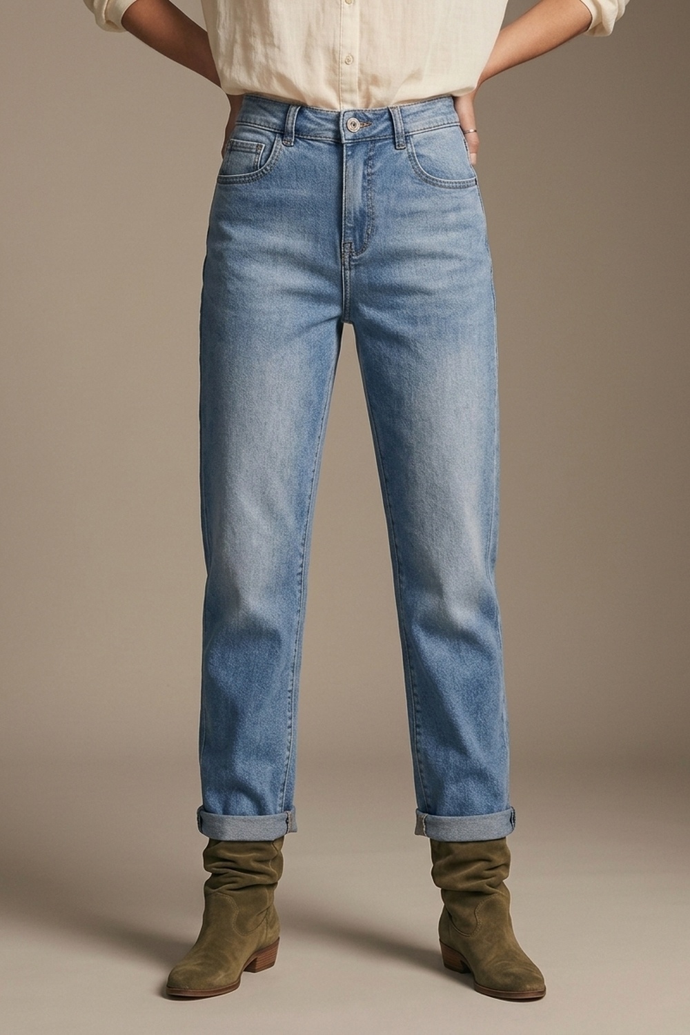 Jeans de mezclilla azul con lavado medio y pernera recta en estilo mom Jeans de mezclilla azul con lavado medio y pernera recta en estilo mom