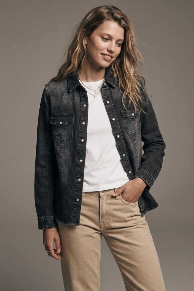 Black Washed Denim Button-Up Shirt Jacket