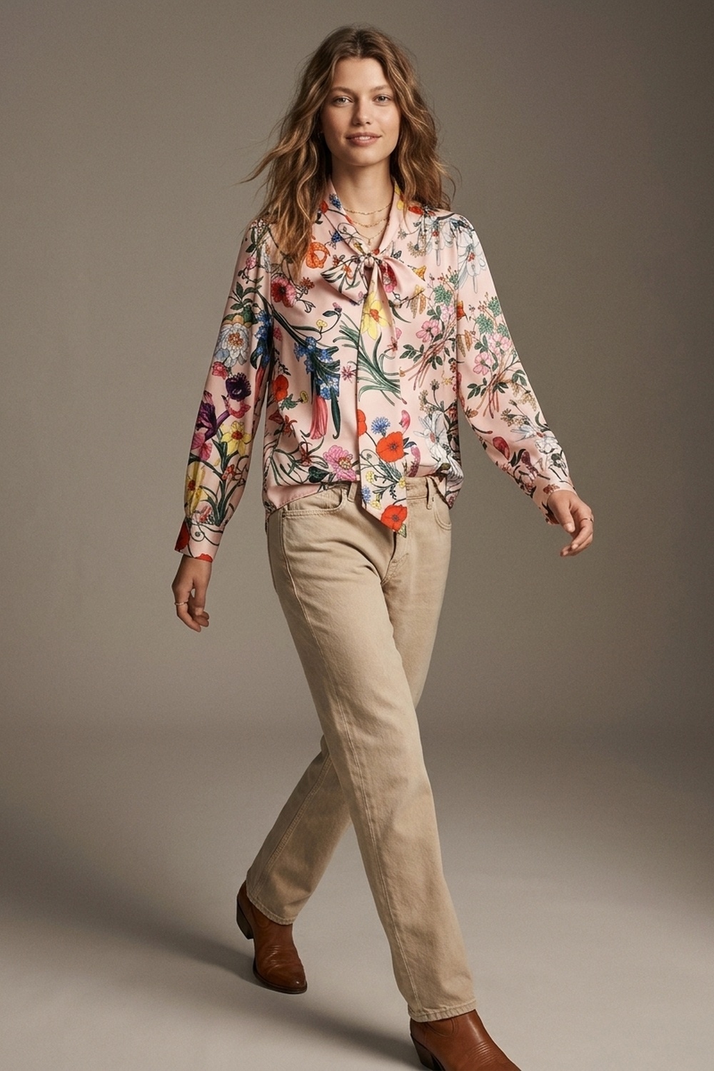 Blusa de sat&eacute;n con lazo en el cuello y estampado floral rosa claro de manga larga
