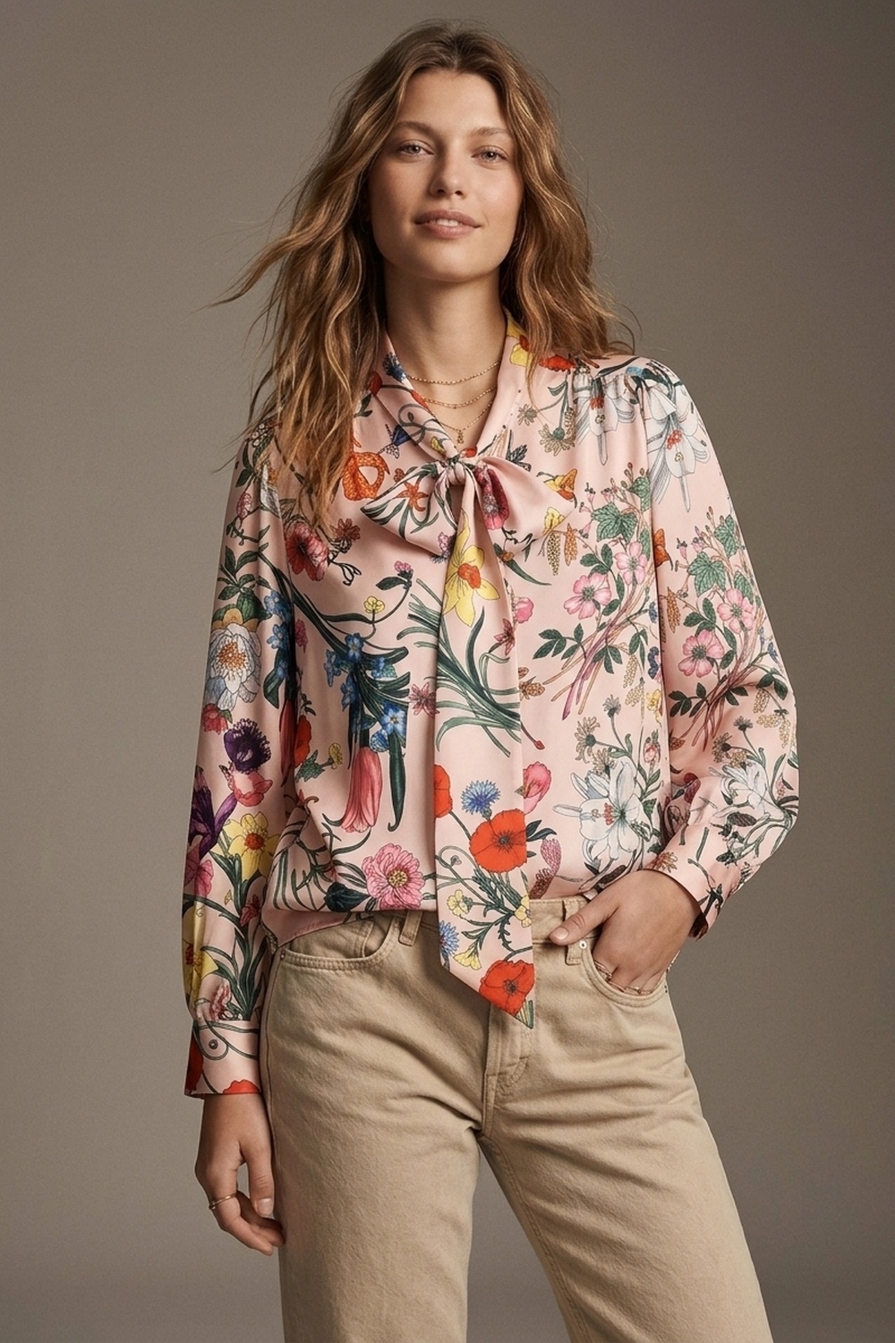 Blusa de sat&eacute;n con lazo en el cuello y estampado floral rosa claro de manga larga