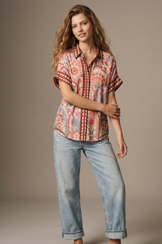 Camisa de ajuste holgado con estampado floral multicolor, tejido ligero y ribete en contraste.