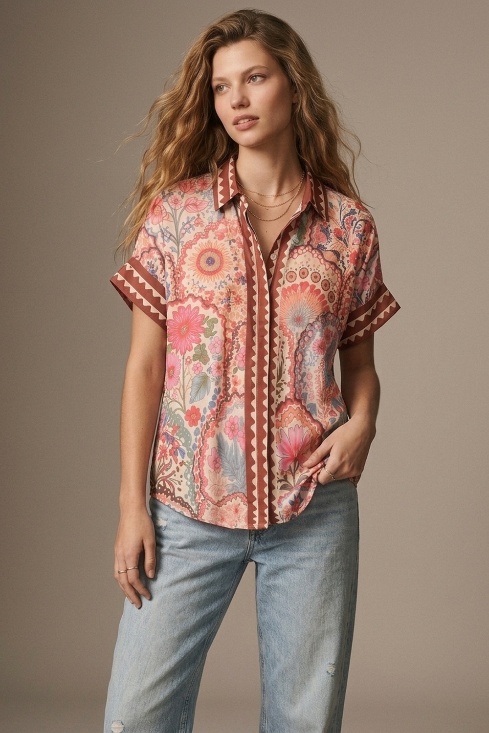 Camisa con estampado floral multicolor de tela ligera con ribete en contraste
