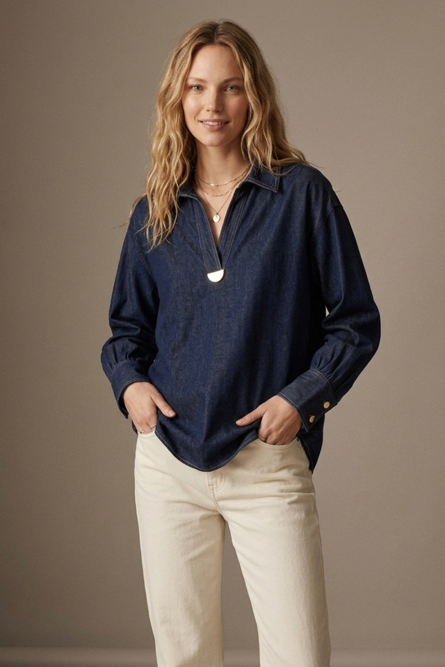 Camisa Azul Denim R&iacute;gida Sin Elasticidad con Ribete Dorado y Cuello en V de Corte Holgado