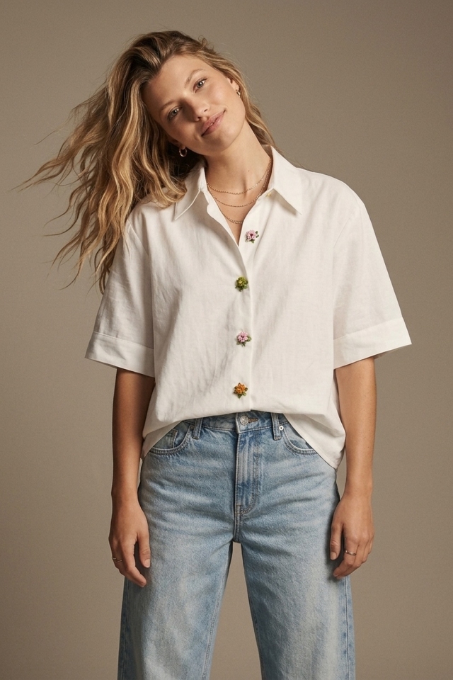 Camisa Cuadrada de Popelina de Algod&oacute;n Blanco con Botones y Estampado Floral de Manga Corta