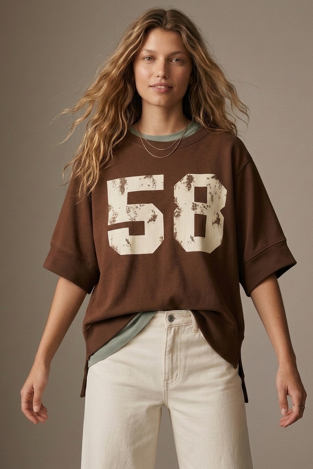 Sudadera marr&oacute;n gr&aacute;fica n&uacute;mero 58 con manga corta y ajuste relajado