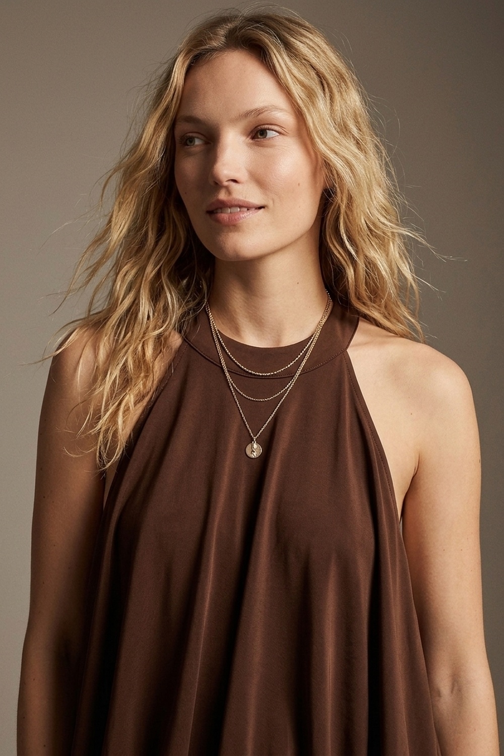 Vestido largo en tela el&aacute;stica suave de Cuello Halter en marr&oacute;n