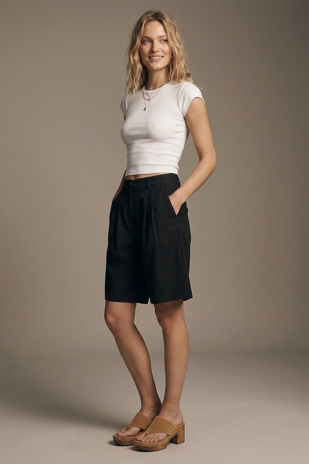 Pantalones cortos bermuda plisados negros con largo a la rodilla y ajuste entallado