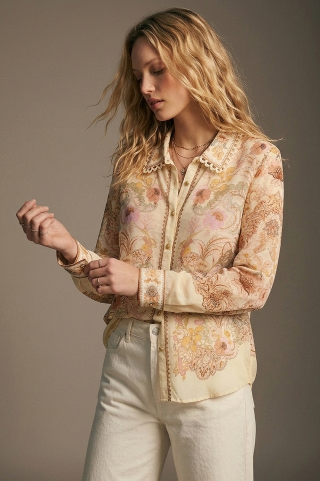 Camisa de botones de ajuste relajado con estampado floral crema, encaje y gasa.