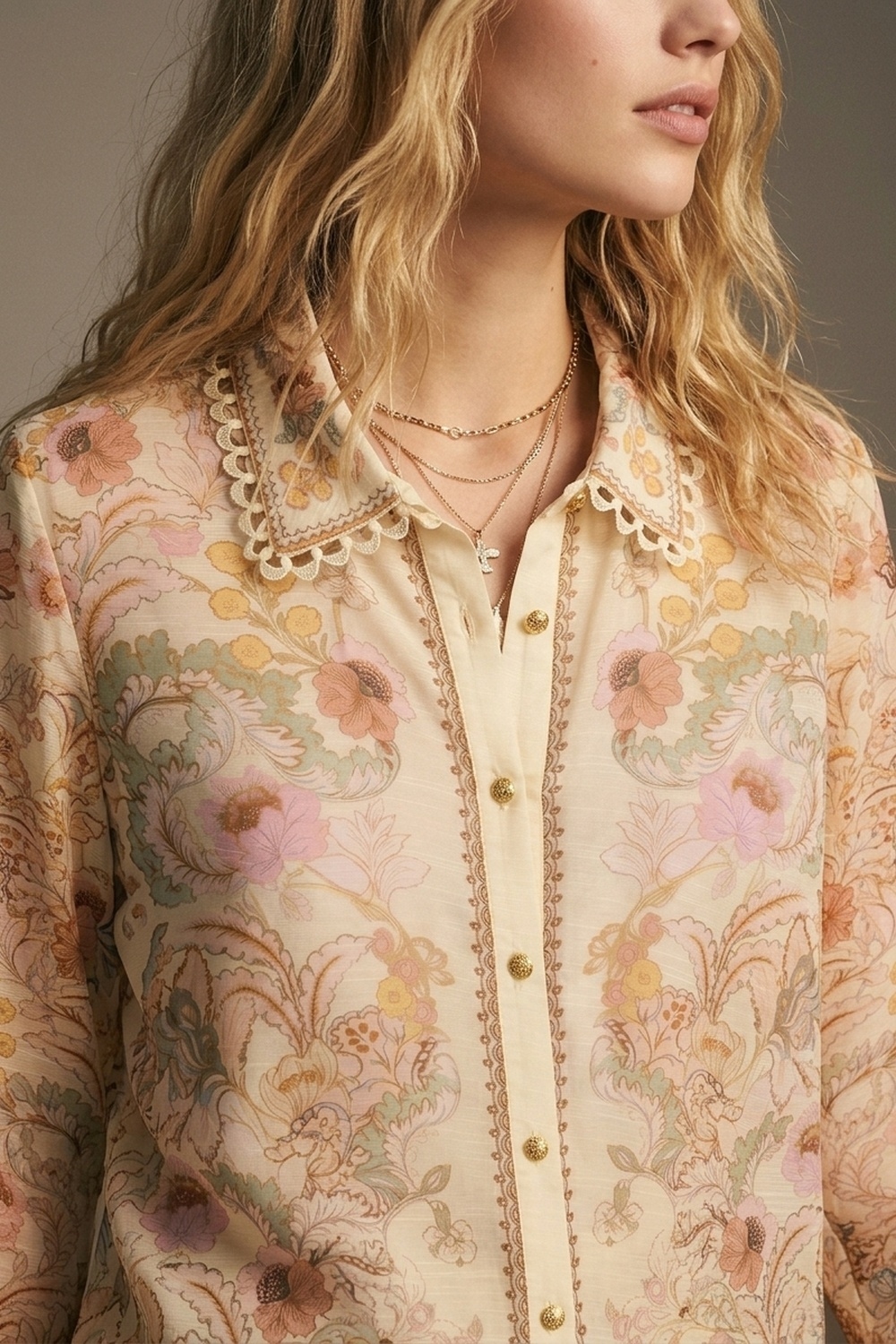 Camisa amarilla mantequilla con estampado floral y detalle de encaje