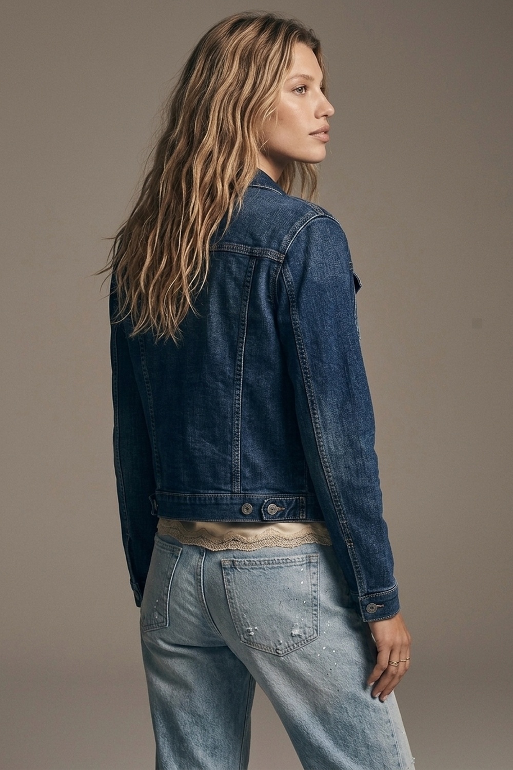 Chaqueta vaquera corta en azul con lavado oscuro Chaqueta vaquera corta en azul con lavado oscuro