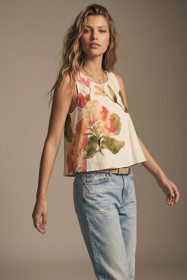 Blusa sin mangas de lino con estampado floral crema y dise&ntilde;o acampanado.
