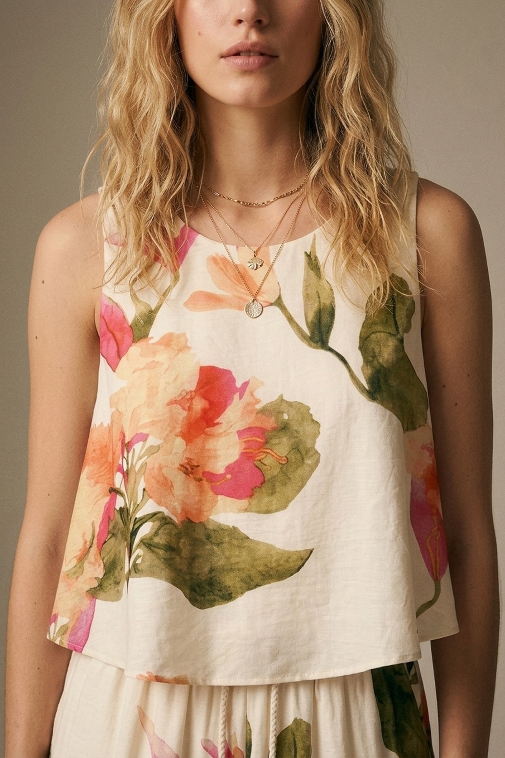 Top sin mangas con estampado floral crema Top sin mangas con estampado floral crema