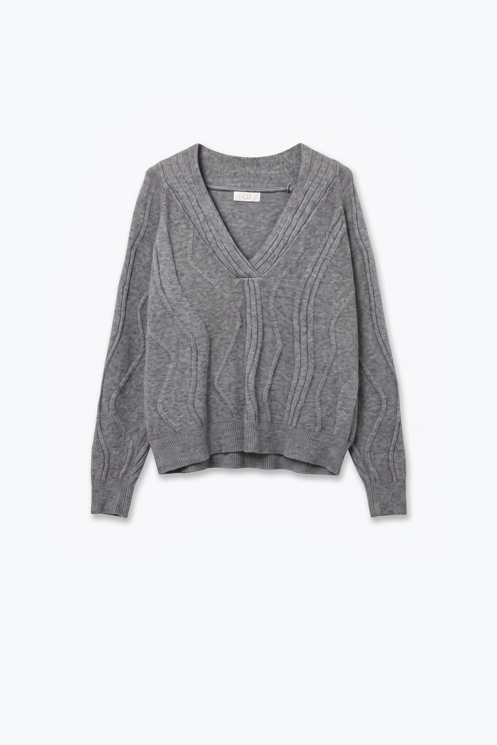 Suéter de punto con textura en forma de ondas y cuello en V en gris Suéter de punto con textura en forma de ondas y cuello en V en gris