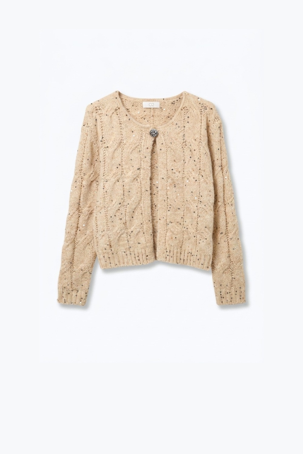 Cardigan corto beige de lentejuelas con botones y tejido grueso de punto de cable Cardigan corto beige de lentejuelas con botones y tejido grueso de punto de cable