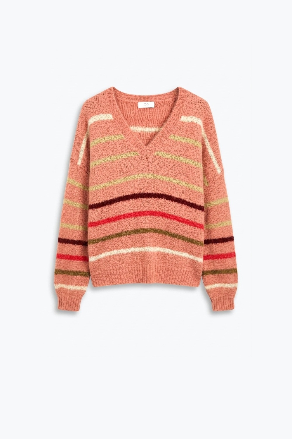 Jersey relajado de rayas con cuello en V de punto esponjoso multicolor rosa