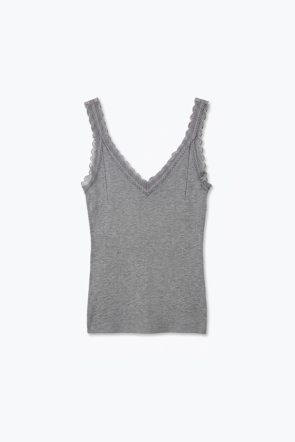 Camiseta de punto fino con ribete de encaje en contraste en gris Camiseta de punto fino con ribete de encaje en contraste en gris