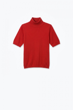 Suéter Rojo de Punto Fino de Cuello Alto con Mangas al Codo y Ajuste Regular