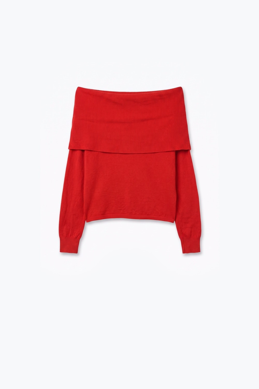 Su&eacute;ter de punto rojo con hombros descubiertos y cuello vuelto de canal&eacute;