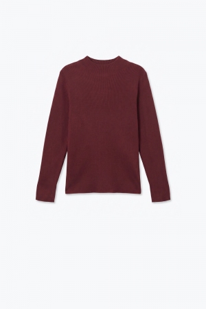 Suéter de lana Merino de canalé fino en color burdeos con cuello alto