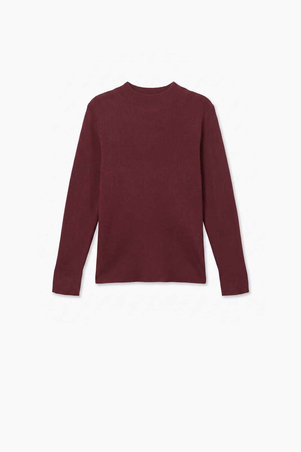 Su&eacute;ter de lana Merino de canal&eacute; fino en color burdeos con cuello alto