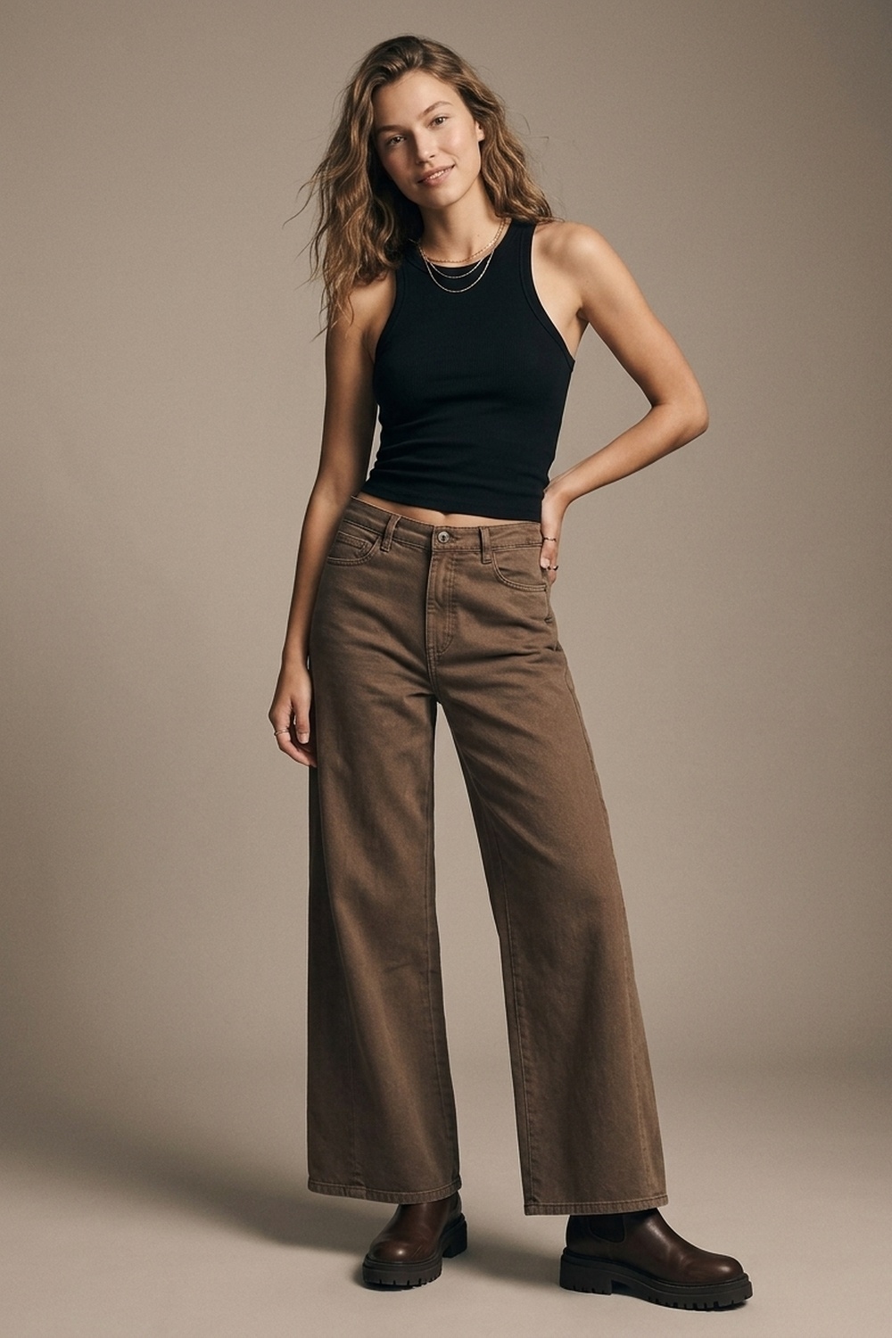 Pantalones de Mezclilla de Algodón Marrones de Pierna Ancha Casual Pantalones de Mezclilla de Algodón Marrones de Pierna Ancha Casual