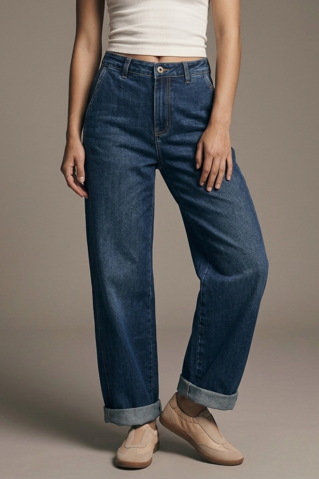 Jeans de mezclilla azul oscuro de pierna ancha y ajuste relajado