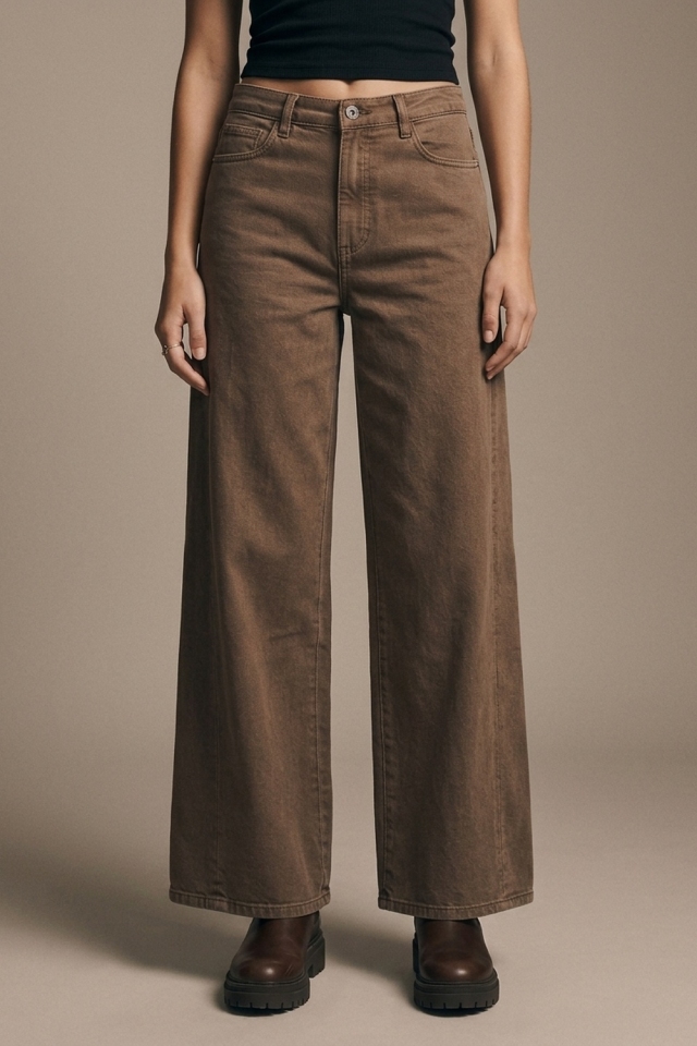 Pantalones de mezclilla de algod&oacute;n casuales de pierna ancha marrones