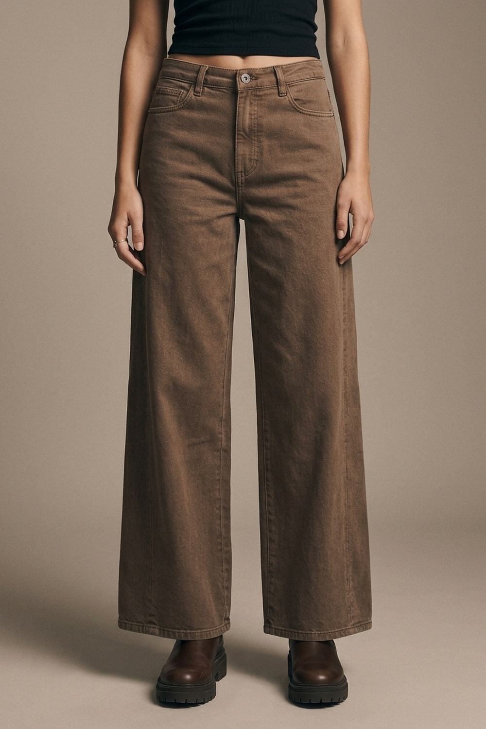 Pantalones de Mezclilla de Algodón Marrones de Pierna Ancha Casual Pantalones de Mezclilla de Algodón Marrones de Pierna Ancha Casual
