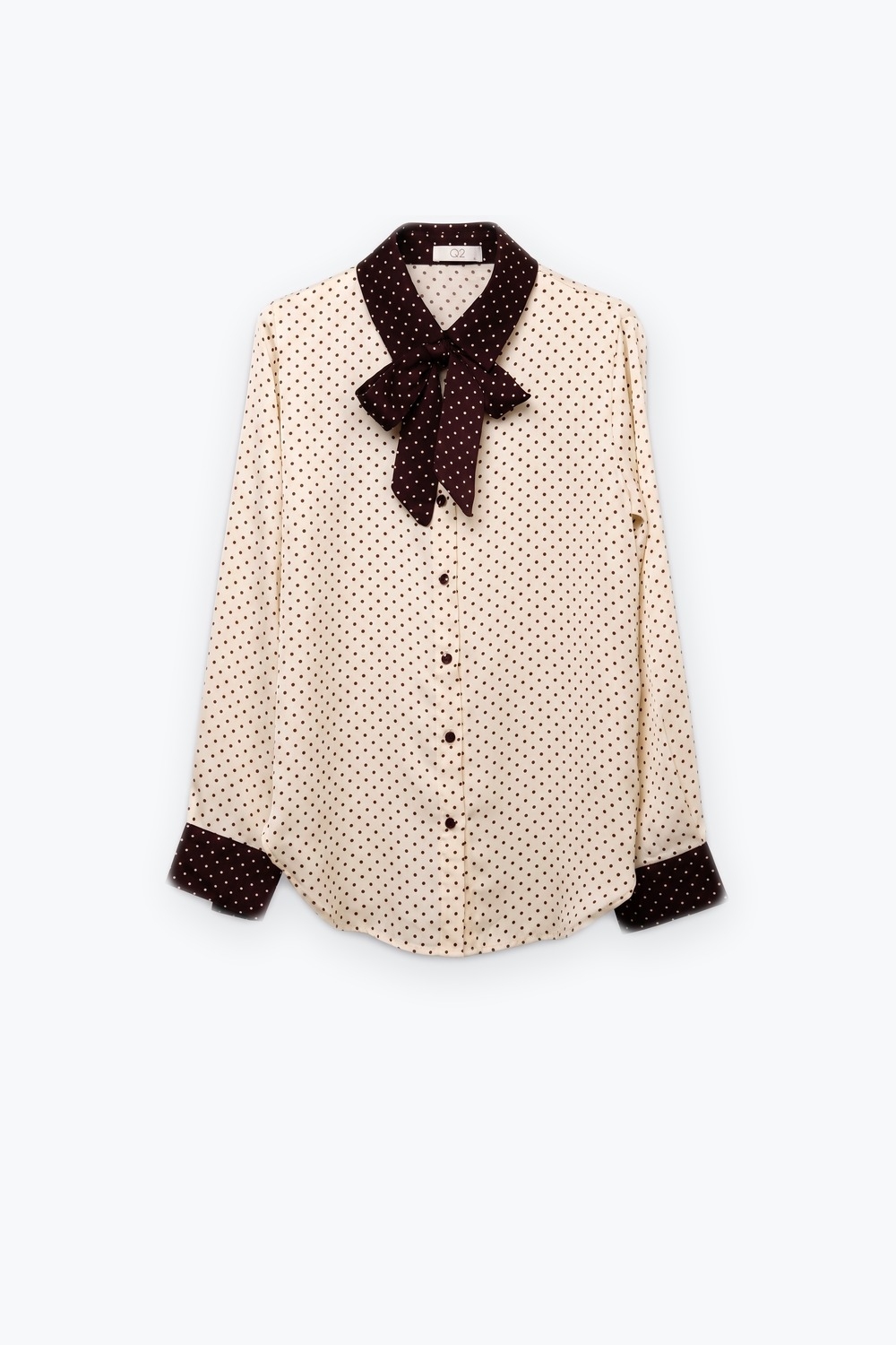Blusa de manga larga con estampado de lunares crema y lazo de contraste burdeos