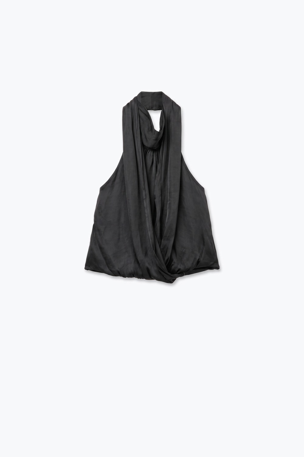 Blusa sin mangas con cuello halter drapeado de sat&eacute;n negro