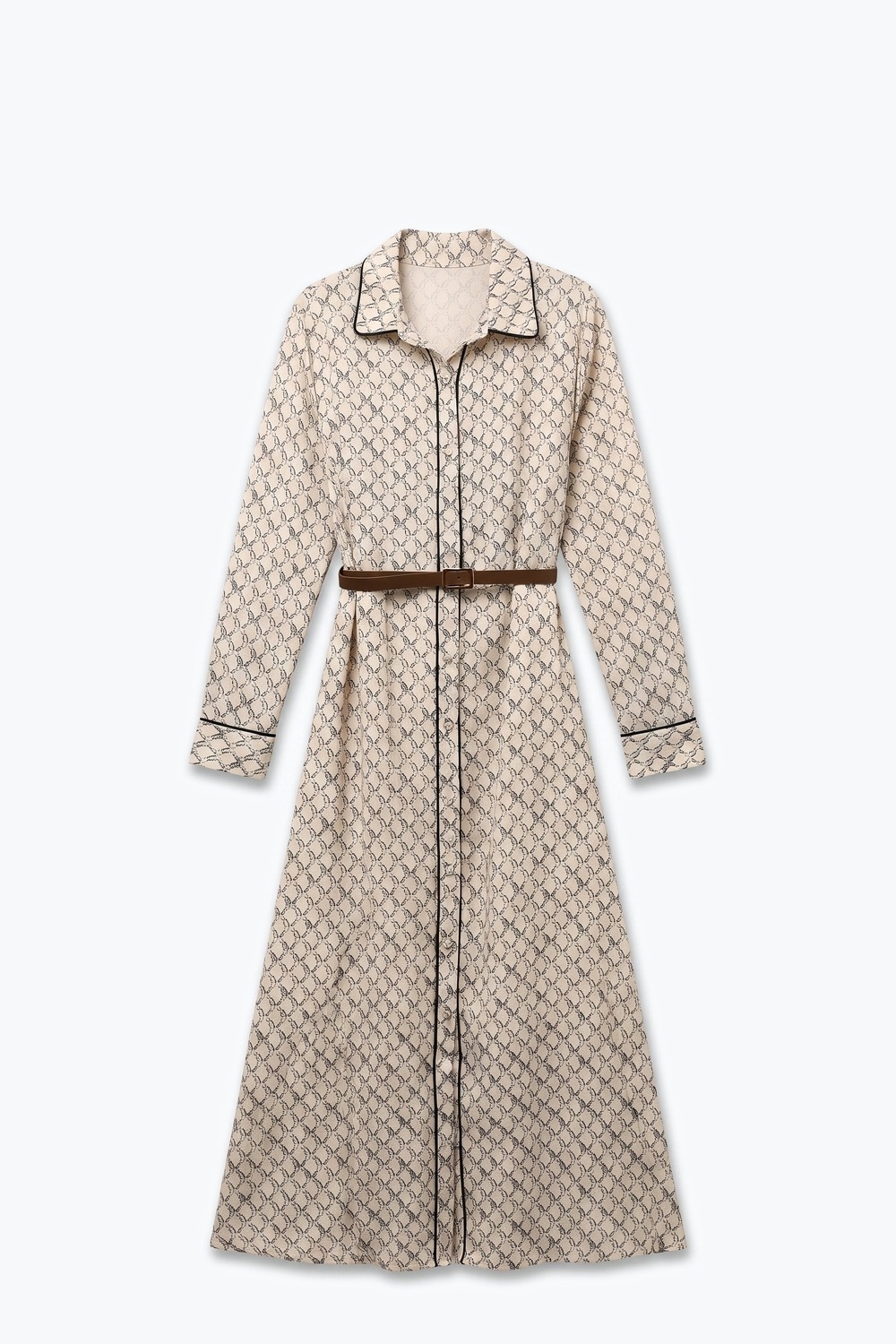 Vestido camisero maxi con cintur&oacute;n y estampado de caballos crema