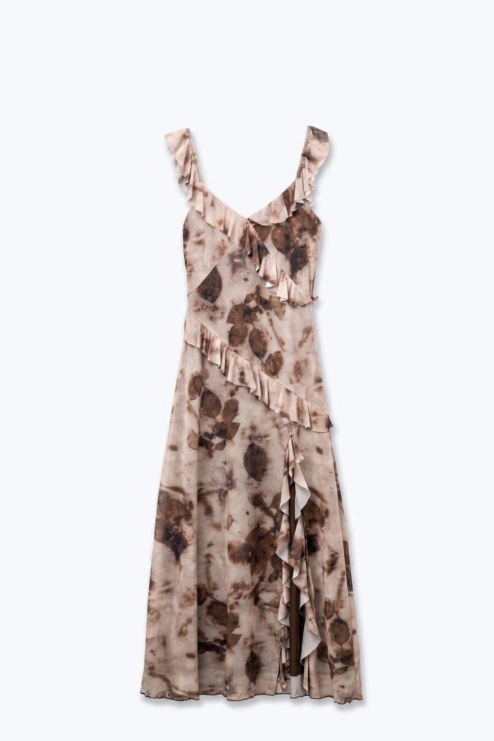 Vestido Maxi Beige Abstracto Floral de Gasa con Volantes y Escote en V