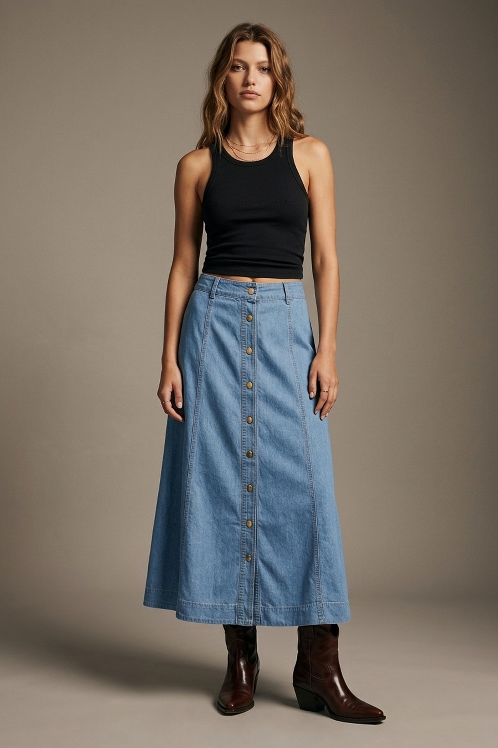 Falda midi en denim azul claro con costura de contraste y botones en el frente en l&iacute;nea A